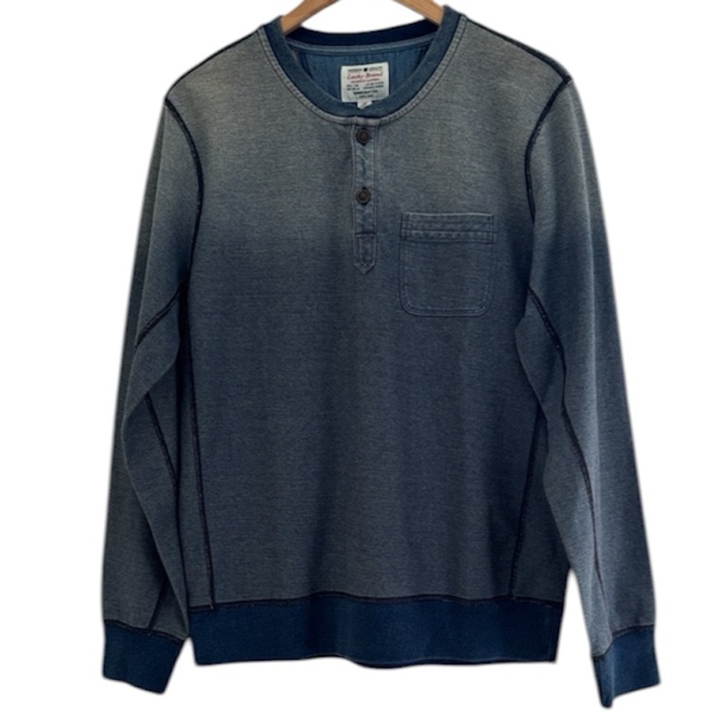 Lucky Brand Blue Indigo Dip Dye Ombre Henley Pullover Pocket Sweatshirt Top NEW!